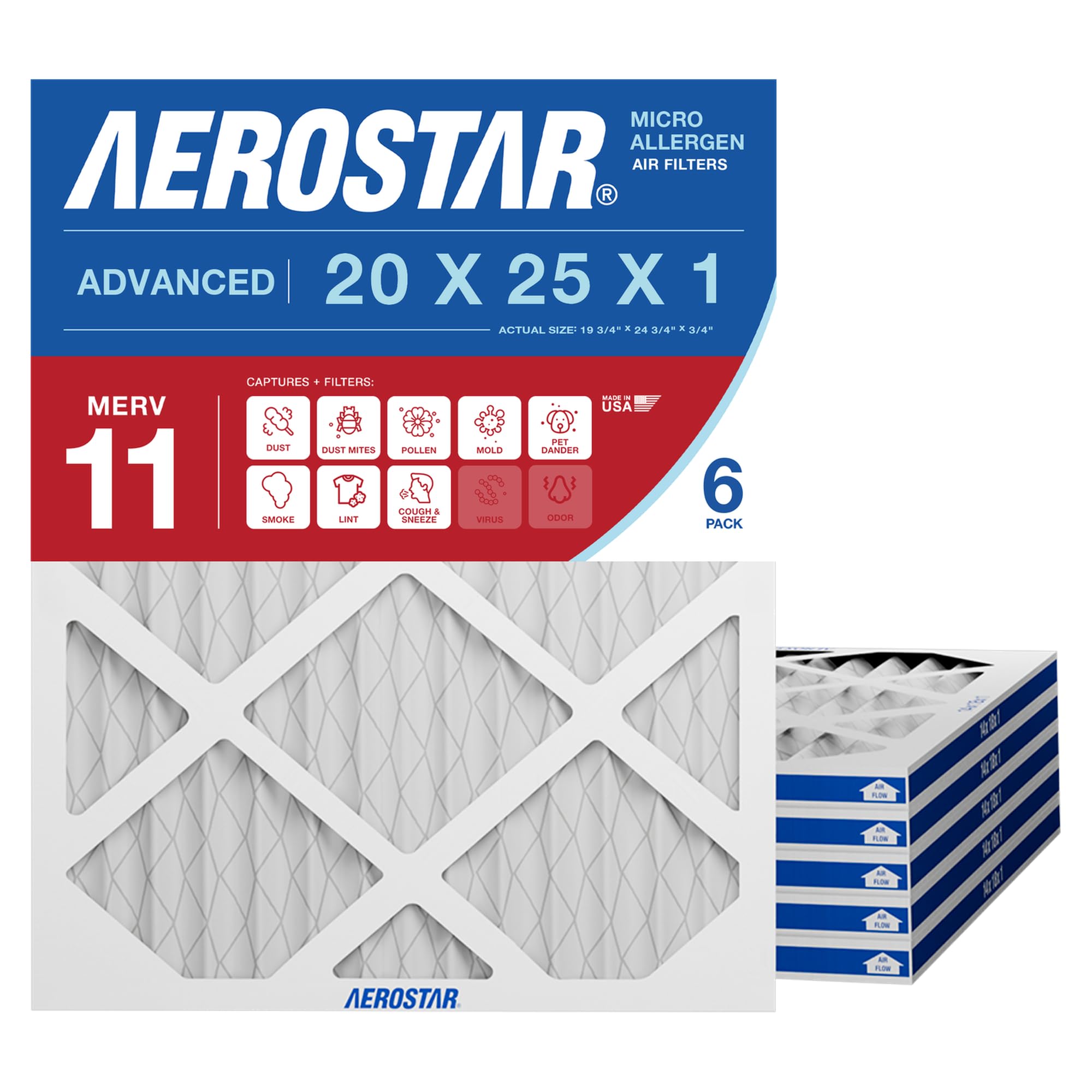Aerostar 20x25x1 MERV 11 Air Filter, 6 Count, ACTUAL SIZE (19.75 x